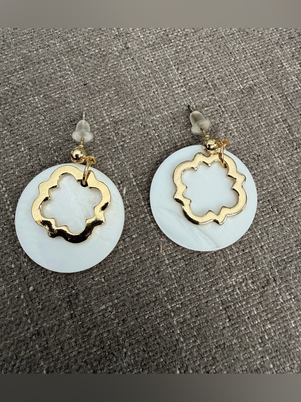 White Shell Disc Gold-Tone Quatrefoil Dangle Earrings